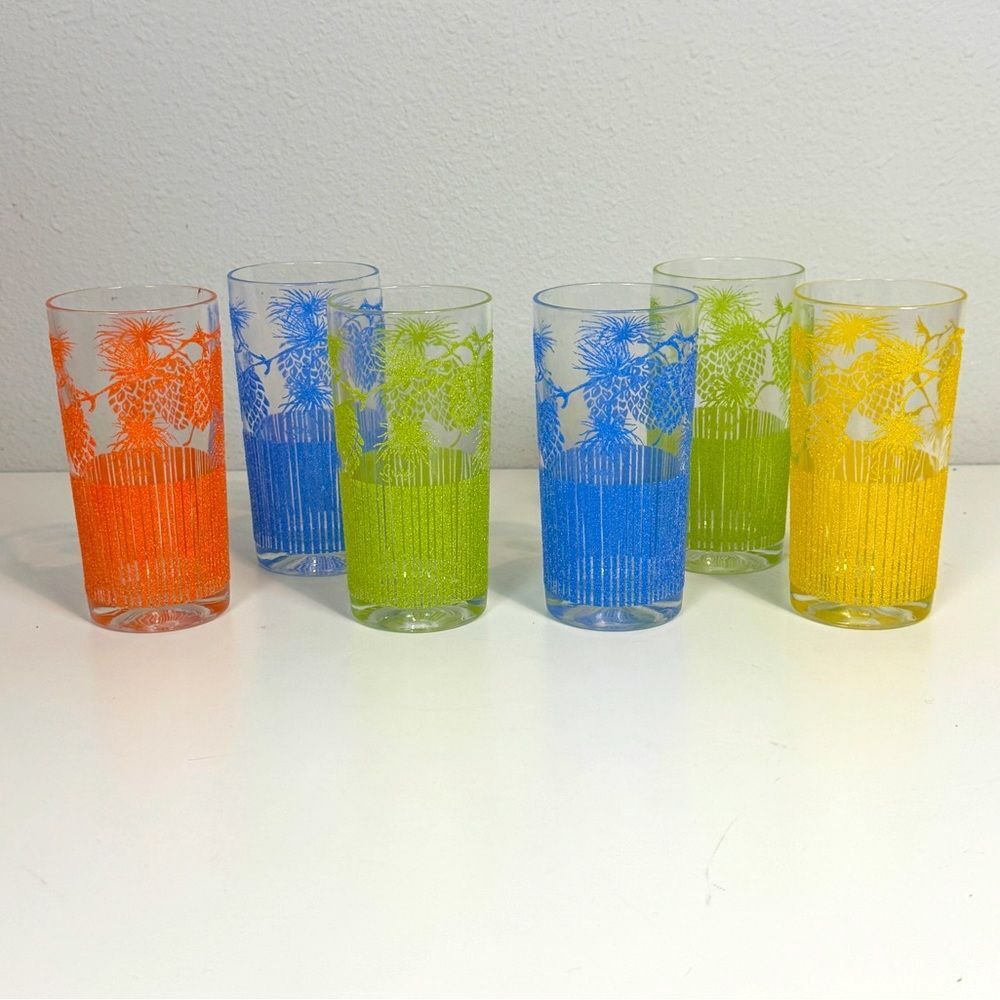 Vintage 6 Federal Starlyte Pinecone Colorful Highball Glasses Set MCM 60s